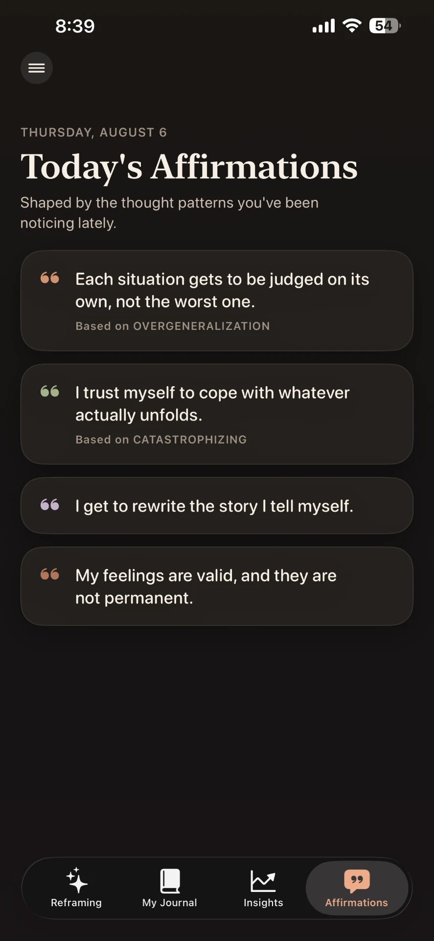 Reframer affirmations screen