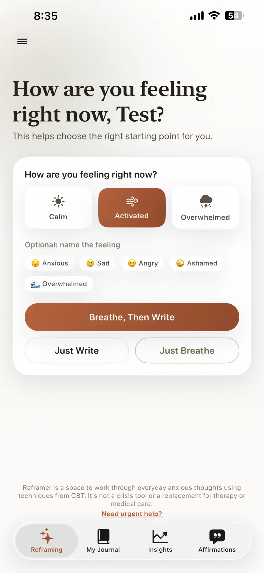 Reframer mood check-in screen