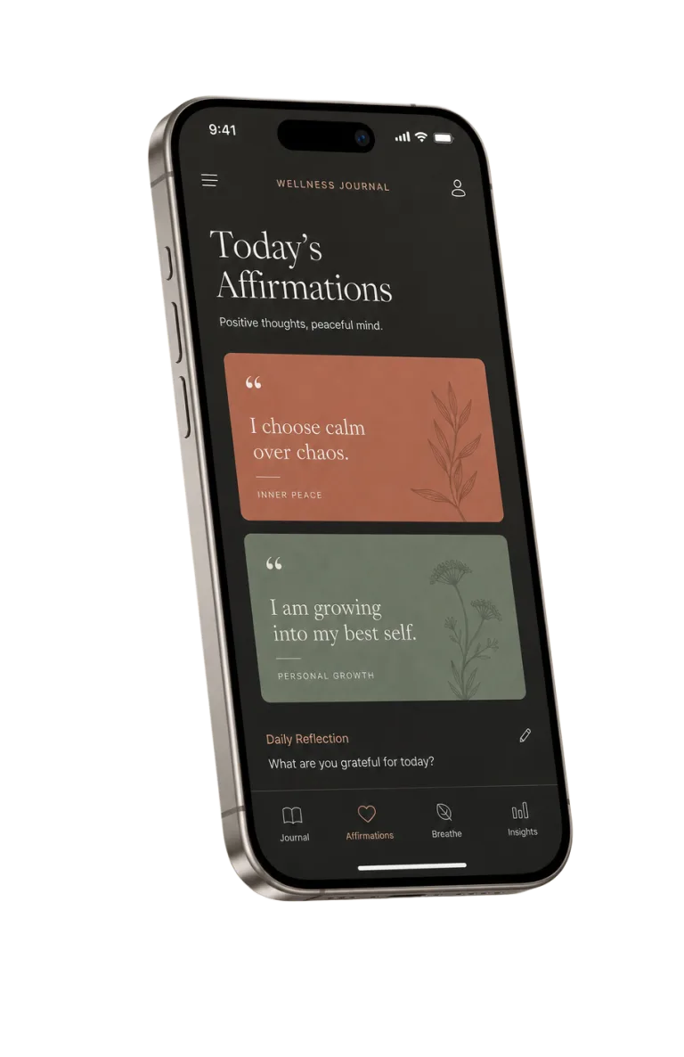 Reframer app on iPhone showing today's affirmations in a warm dark journaling interface