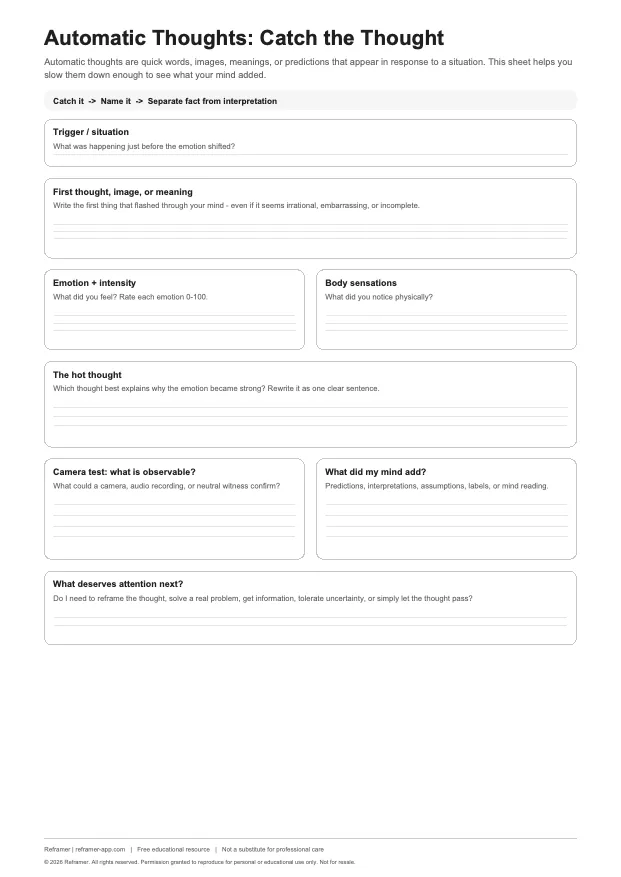 Preview of Reframer Automatic Thoughts Worksheet worksheet