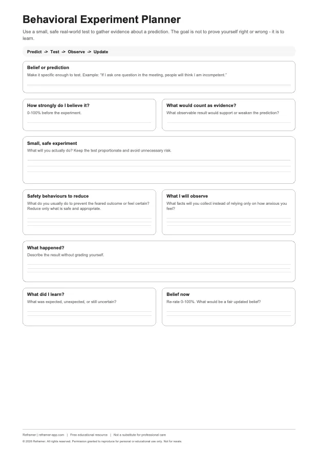 Preview of Reframer Behavioral Experiment Worksheet worksheet