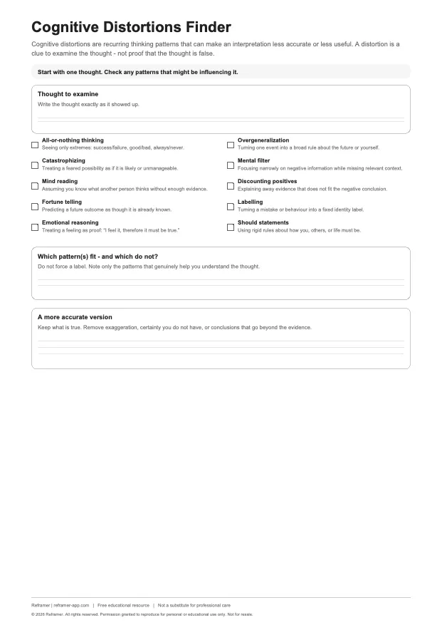 Preview of Reframer Cognitive Distortions Worksheet worksheet