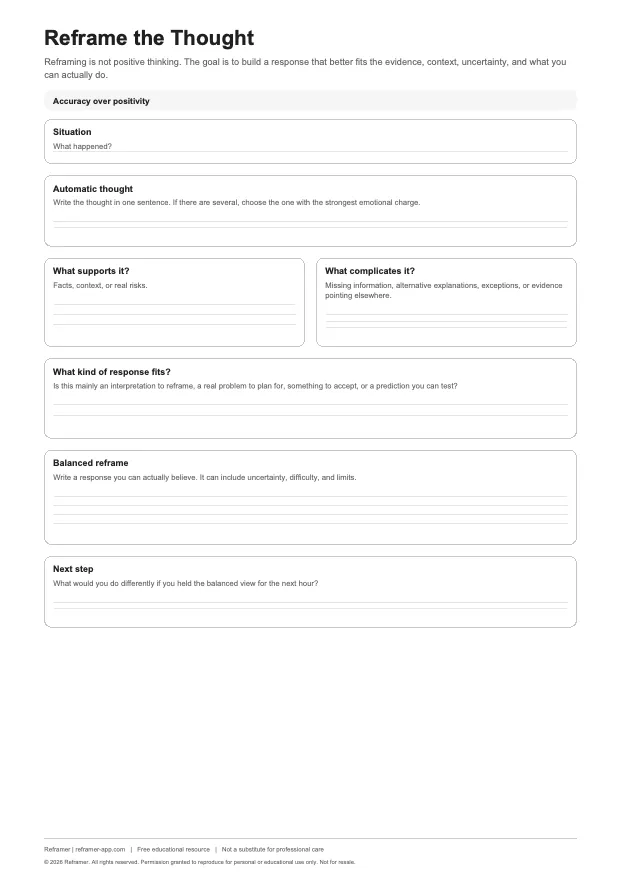 Preview of Reframer Cognitive Reframing Worksheet worksheet