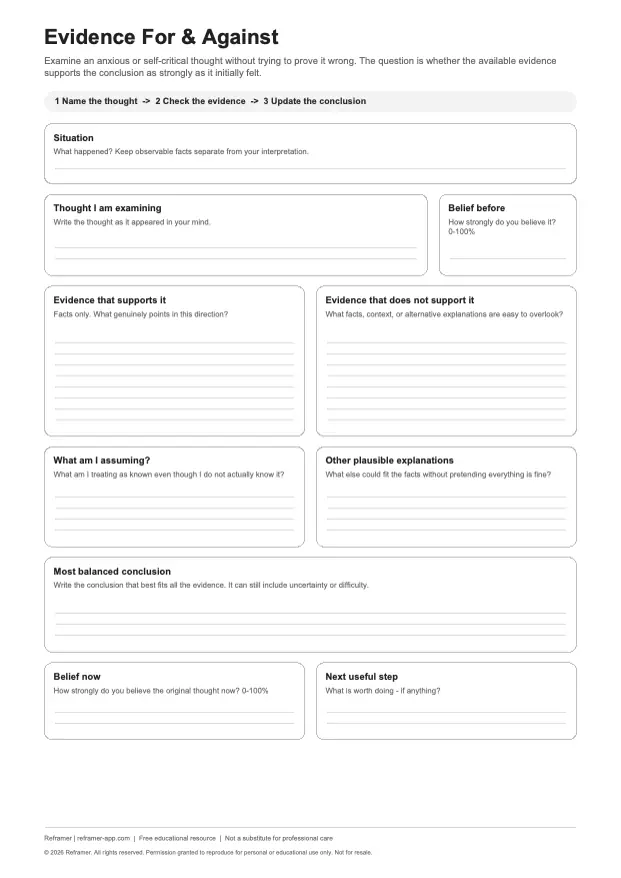 Preview of Reframer Evidence For & Against Worksheet worksheet