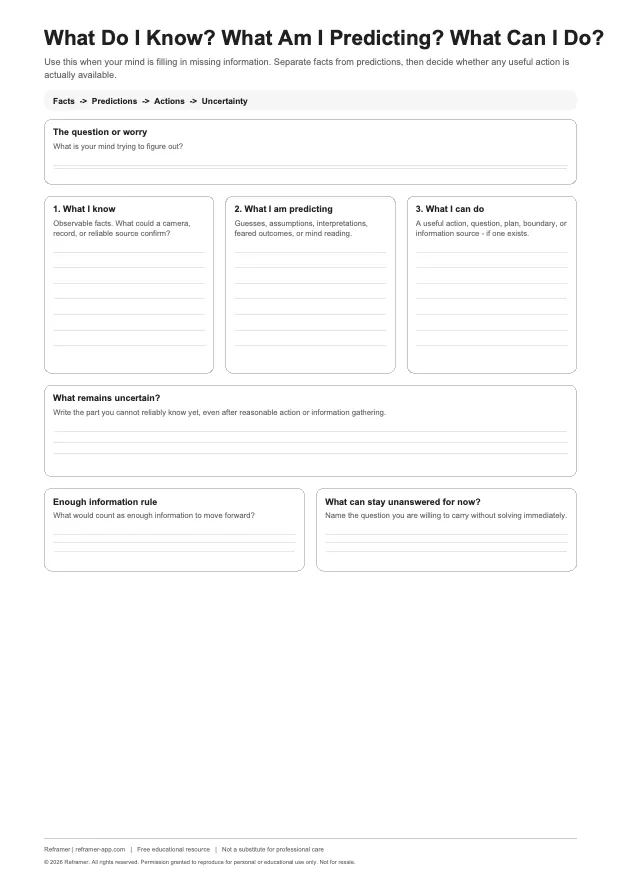 Preview of Reframer Facts, Predictions & Actions Worksheet worksheet