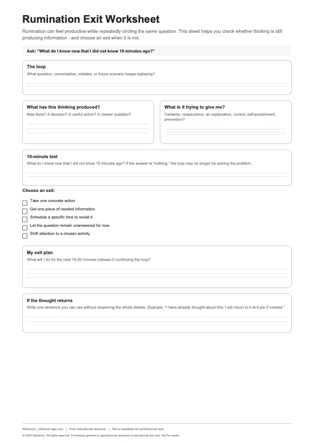 Preview of Reframer Rumination Exit Worksheet worksheet