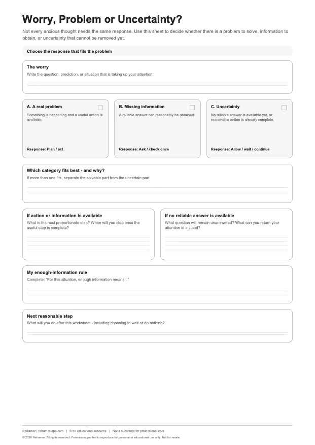 Preview of Reframer Worry, Problem or Uncertainty? worksheet